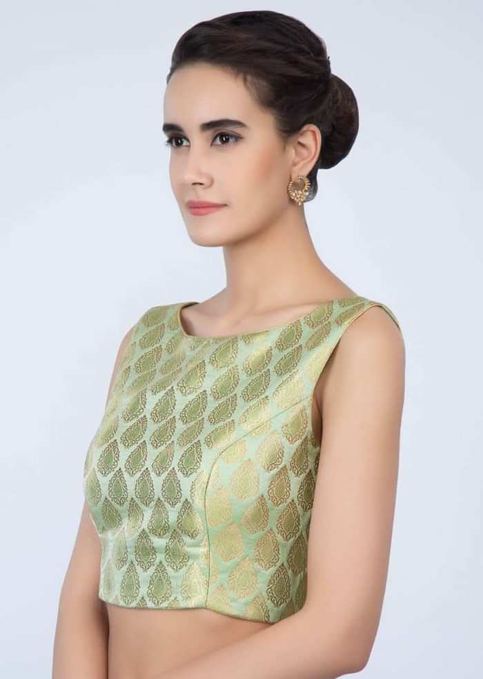High neck apple green brocade blouse only on Kalki