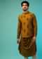 Honey Mustard Bandi Jacket With Block Printed Floral Buttis, Off Centre Placket And Bandhani Printed Cowl Kurta Set