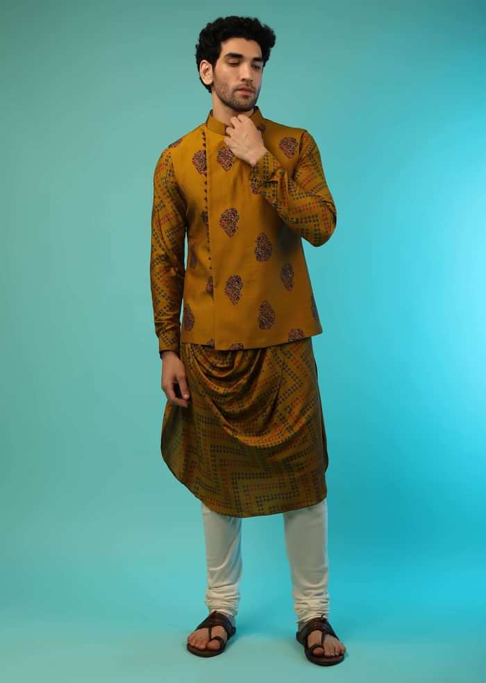 Honey Mustard Bandi Jacket With Block Printed Floral Buttis, Off Centre Placket And Bandhani Printed Cowl Kurta Set