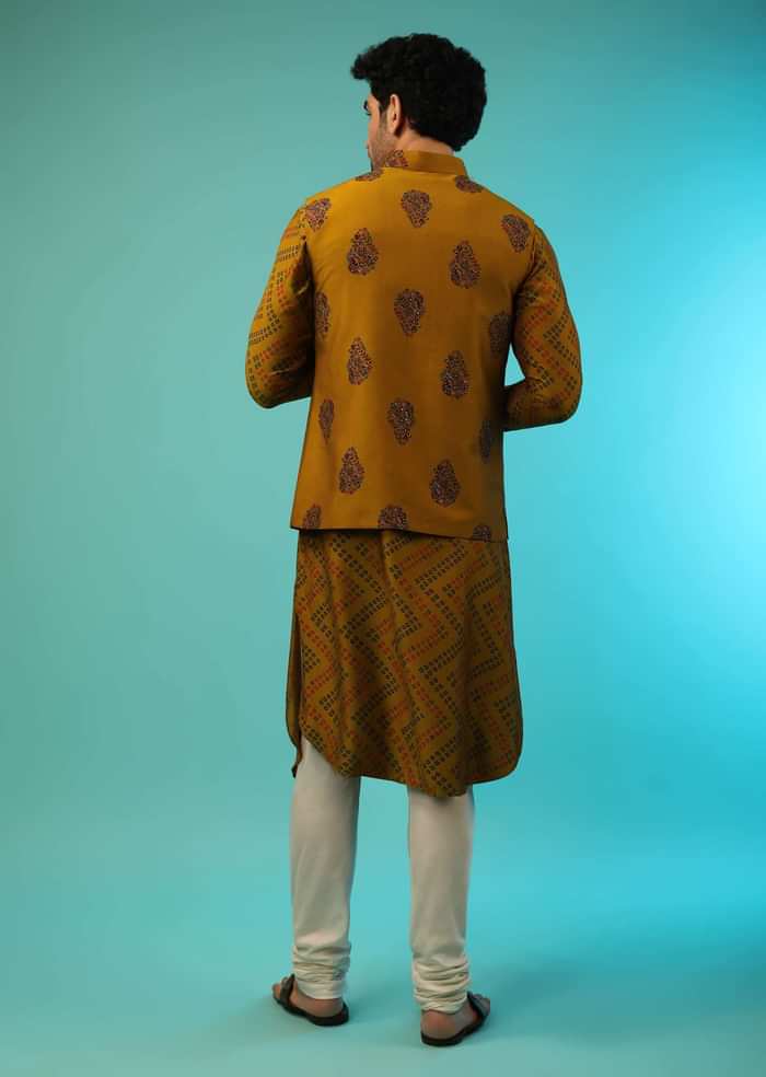 Honey Mustard Bandi Jacket With Block Printed Floral Buttis, Off Centre Placket And Bandhani Printed Cowl Kurta Set