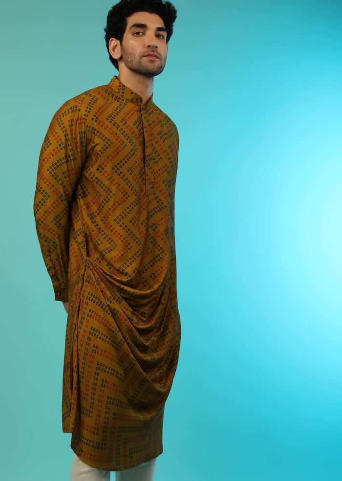 Honey Mustard Bandi Jacket With Block Printed Floral Buttis, Off Centre Placket And Bandhani Printed Cowl Kurta Set
