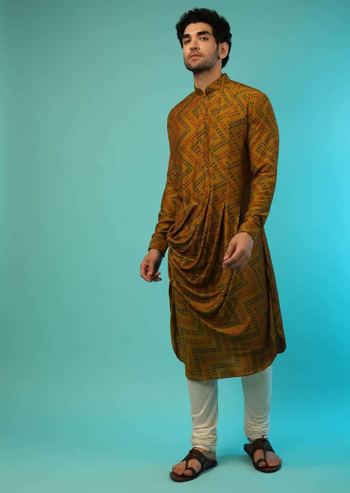 Honey Mustard Bandi Jacket With Block Printed Floral Buttis, Off Centre Placket And Bandhani Printed Cowl Kurta Set