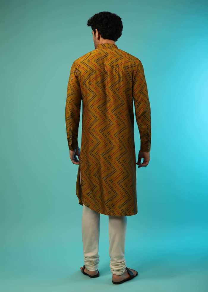 Honey Mustard Bandi Jacket With Block Printed Floral Buttis, Off Centre Placket And Bandhani Printed Cowl Kurta Set