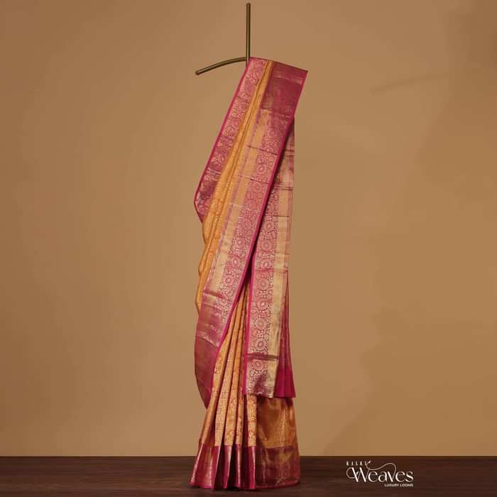 Honey Yellow Woven Silk Kanjivaram Saree With Hot Pink Border And Unstitched Blouse