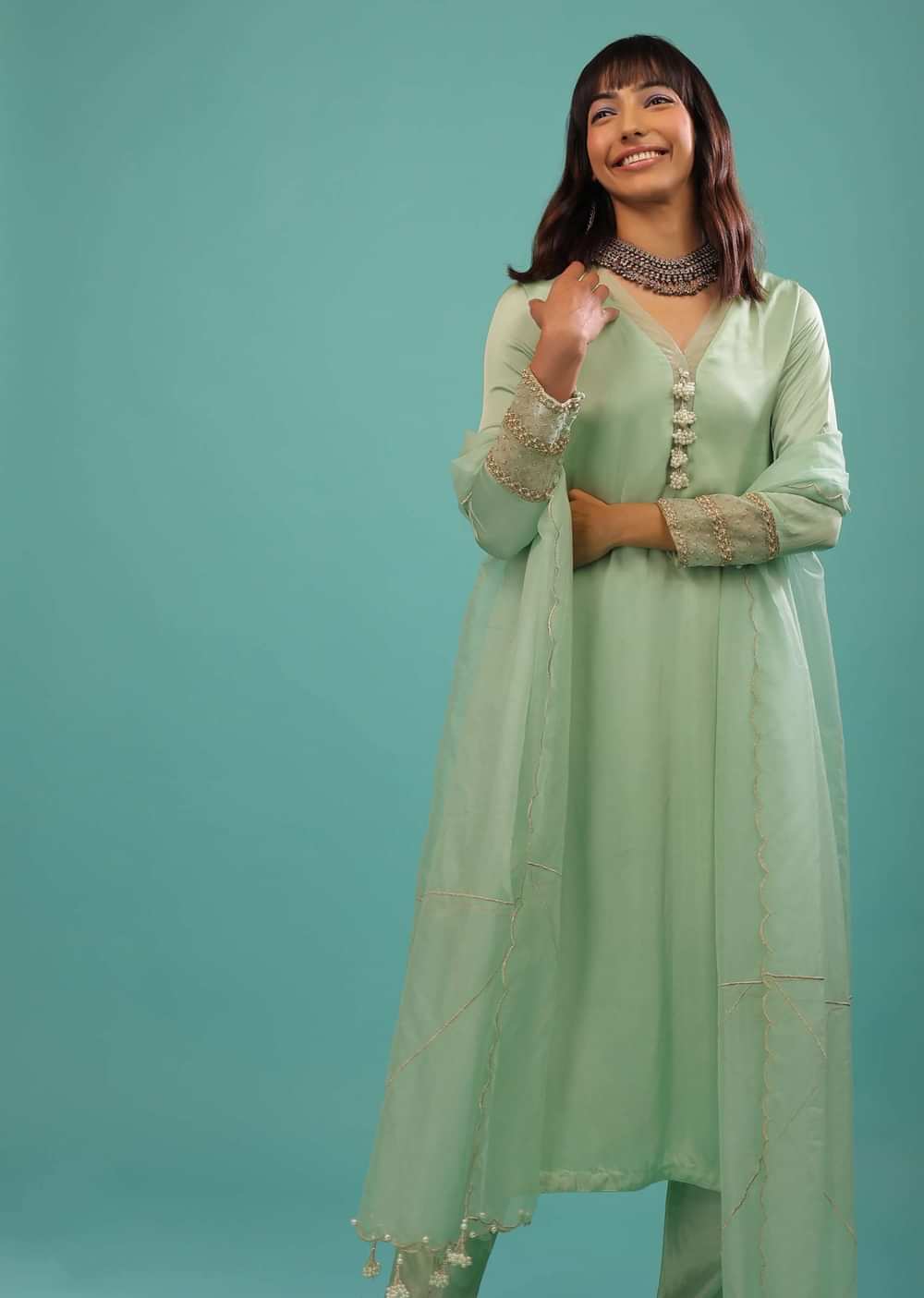 Mint Green Bemberg Satin A Line Suit With Moti Tassels And Organza Dupatta