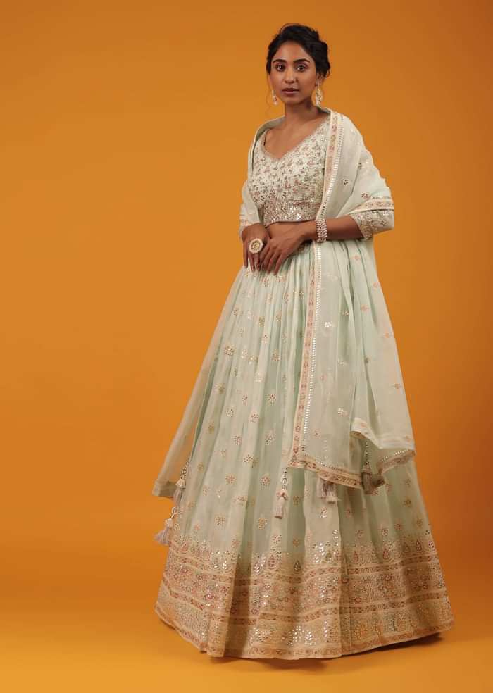 Honeydew Green Lehenga And Crop Top With Multi Colored Lucknowi Work In Floral Pattern