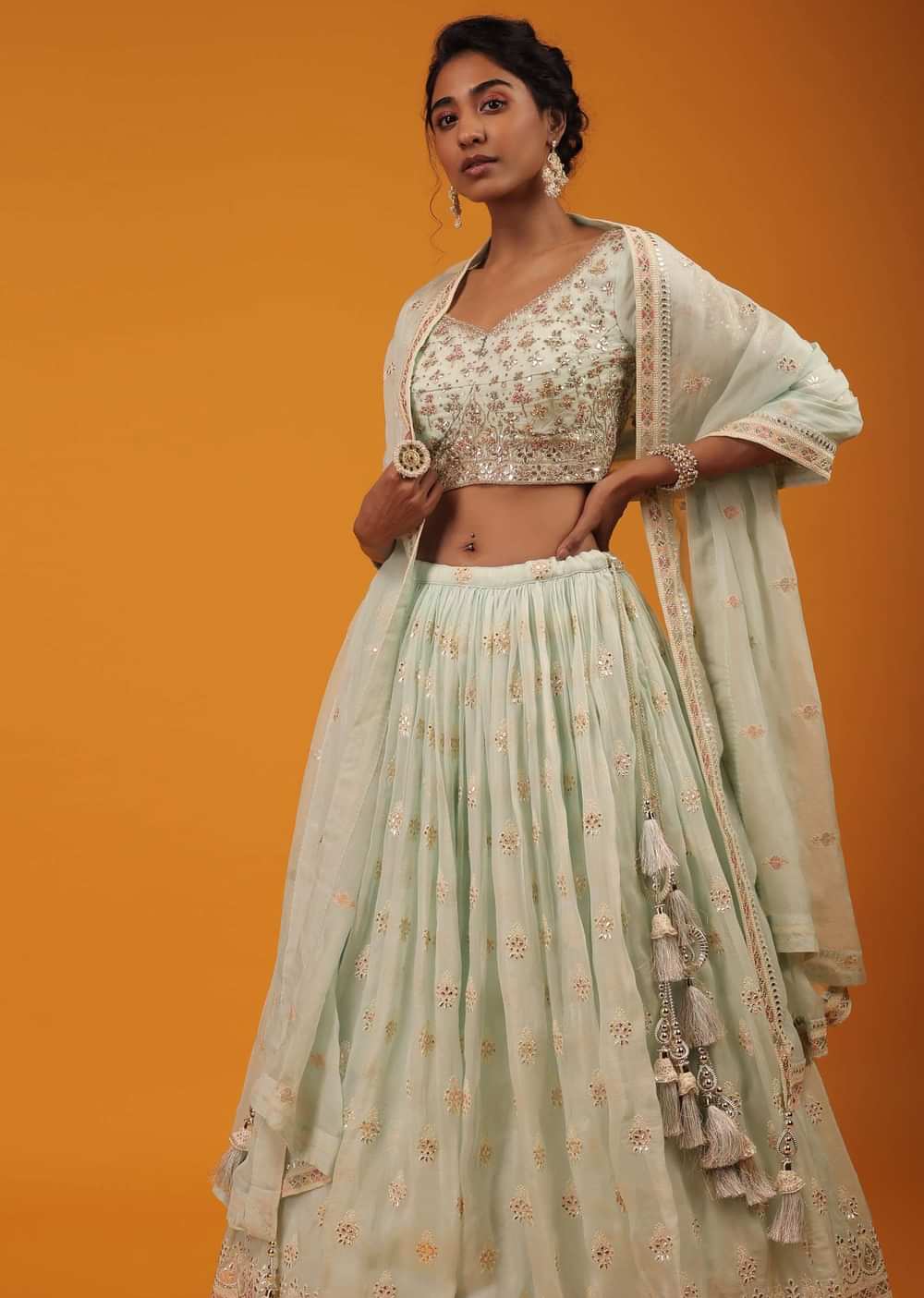 Honeydew Green Lehenga And Crop Top With Multi Colored Lucknowi Work In Floral Pattern