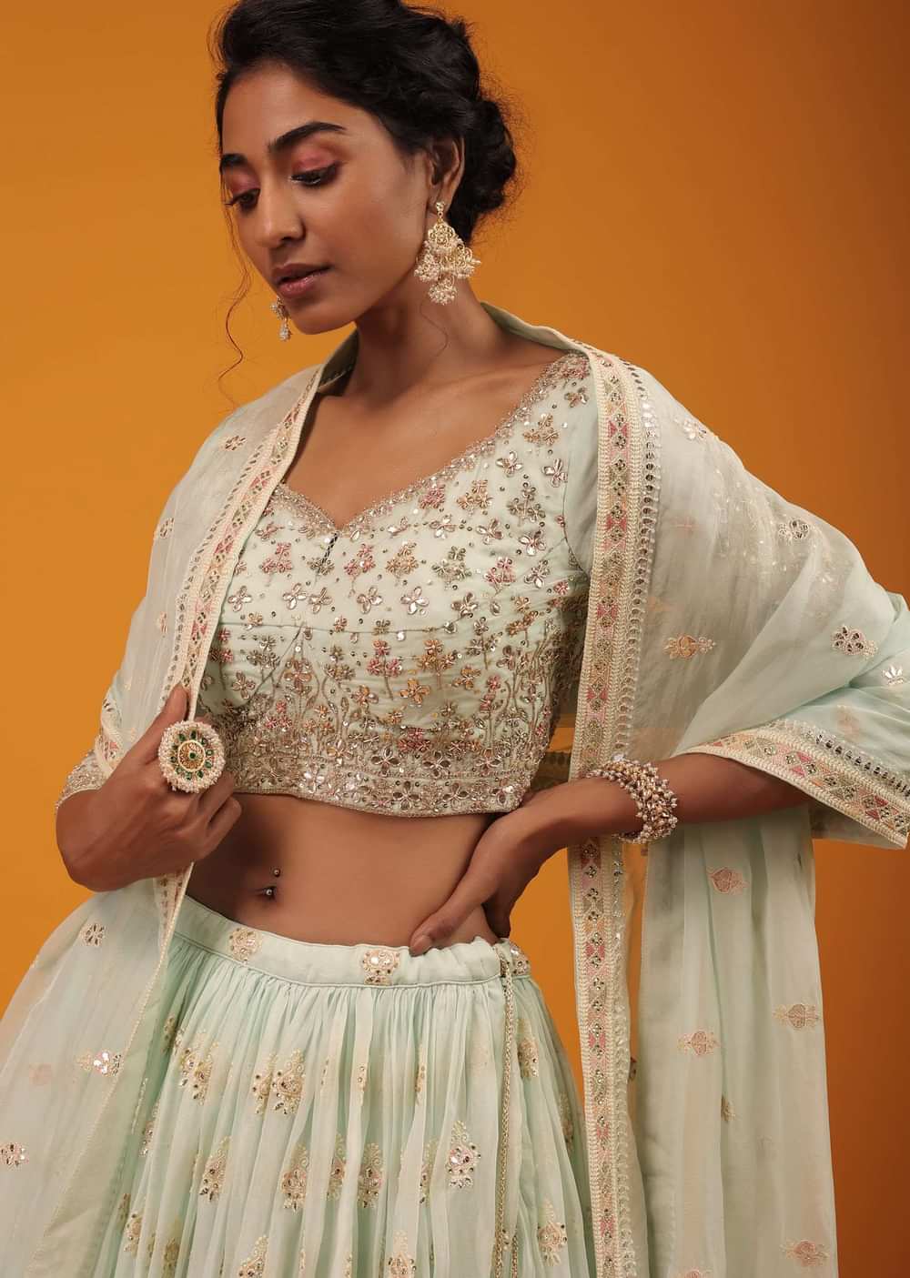 Honeydew Green Lehenga And Crop Top With Multi Colored Lucknowi Work In Floral Pattern