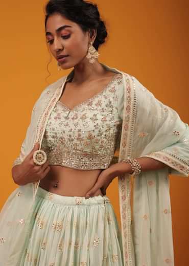 Honeydew Green Lehenga And Crop Top With Multi Colored Lucknowi Work In Floral Pattern
