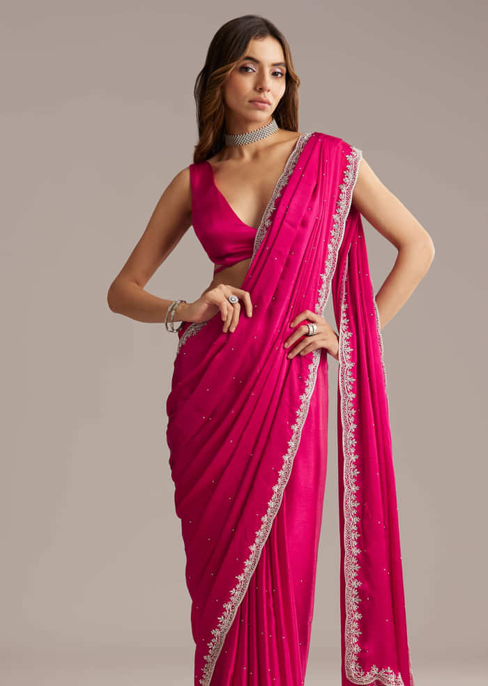 Hot Pink Chinon Saree With Stone And Sequin Embroidery