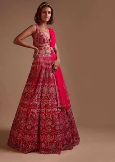 Hot Pink Lehenga Choli In Net With Mirror Work In Floral And Mughal Motifs Along With A Tassel Belt