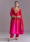 Hot Pink Ombre Silk Kurta Set With Zari Embroidery