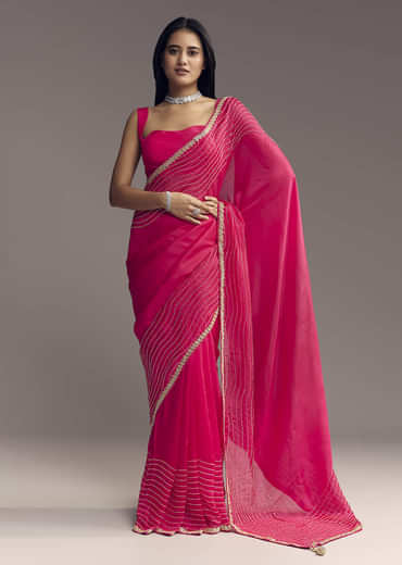 Hot Pink Organza Saree With Stone And Cut Dana Work