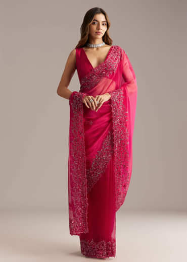 Hot Pink Organza Saree With Stone And Cutdana Embroidery