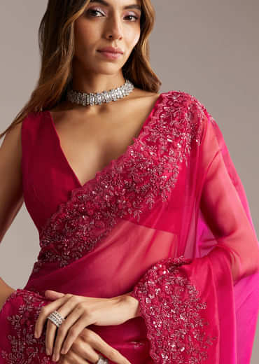 Hot Pink Organza Saree With Stone And Cutdana Embroidery