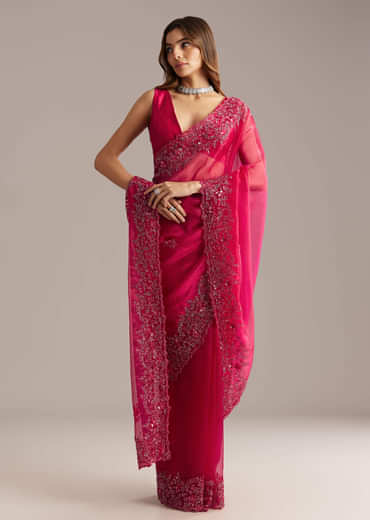 Hot Pink Organza Saree With Stone And Cutdana Embroidery