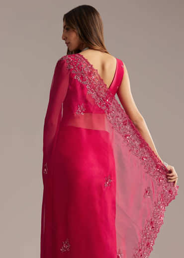 Hot Pink Organza Saree With Stone And Cutdana Embroidery