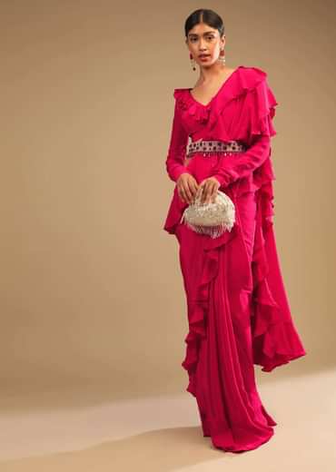 Hot Pink Saree With Ruffle Pallu, Stone Embellished Belt And A Ruffle Blouse With Side Cut Outs