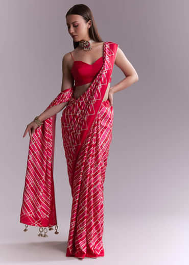 Hot Pink Satin Printed Saree With Criss Cross Stripes
