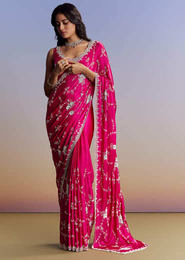 Hot Pink Satin Saree With All Over Jaal Embroidery In Cutdana And Sequins