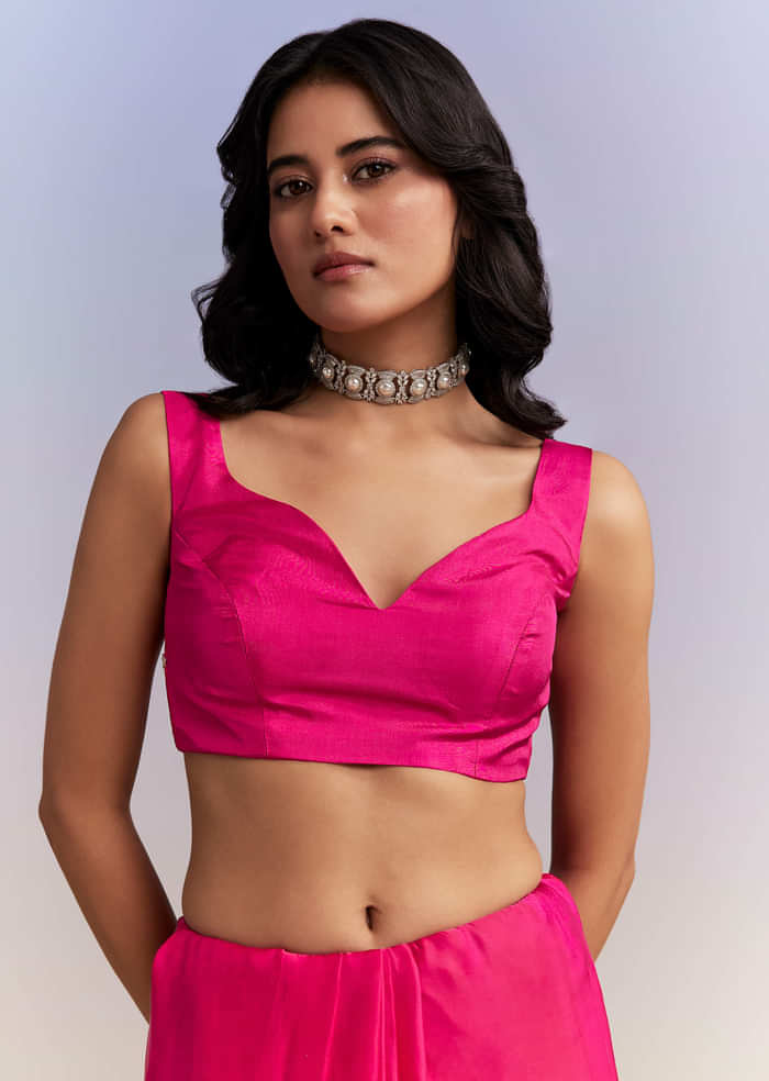 Hot Pink Satin Saree With Heavy Hand Embroidery