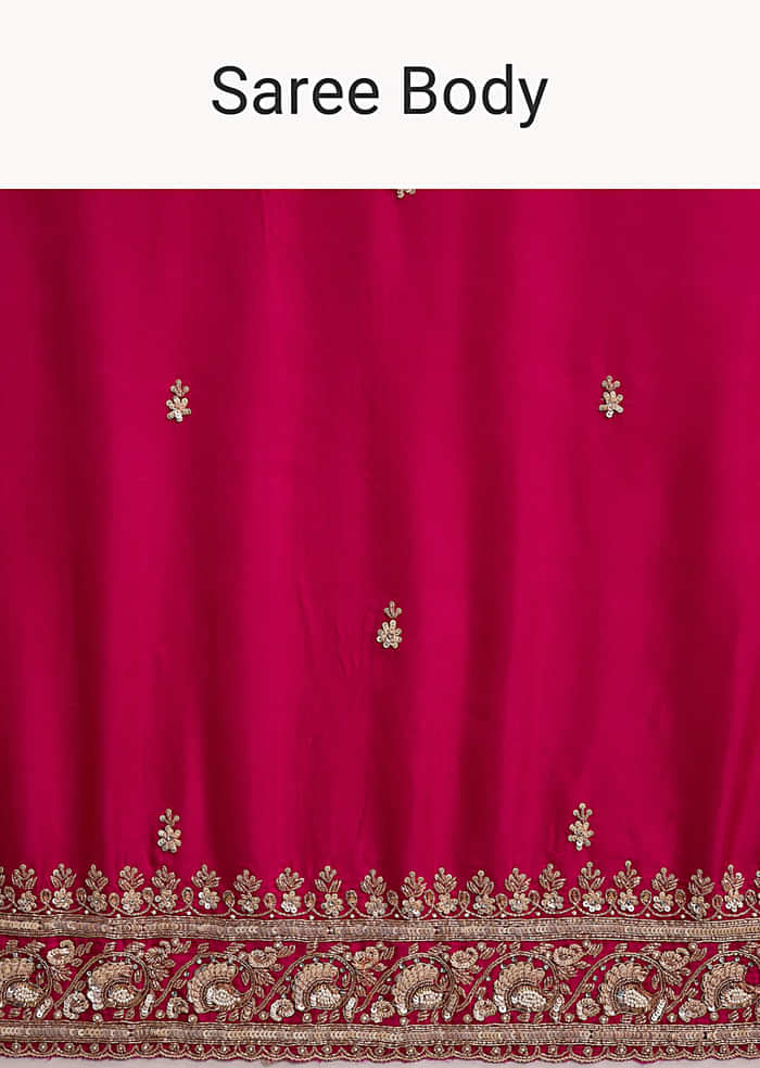 Hot Pink Satin Saree With Heavy Hand Embroidery