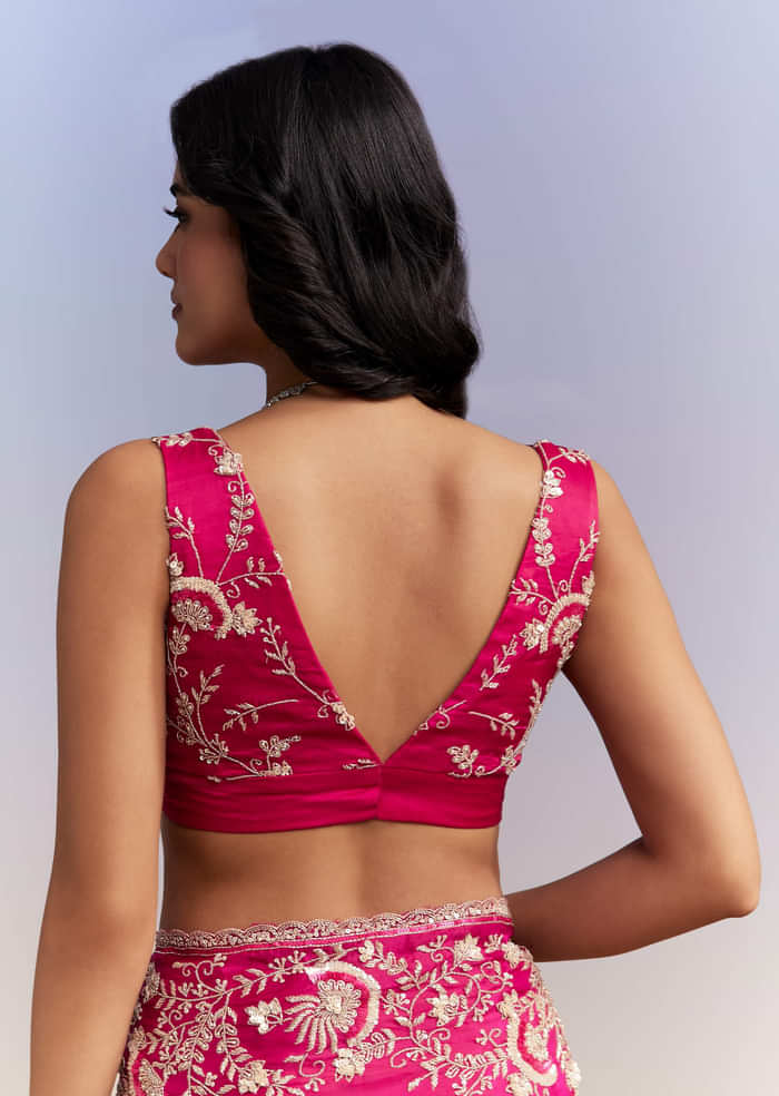 Hot Pink Satin Saree With Heavy Hand Work