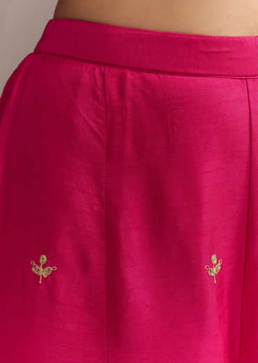 Hot Pink Silk Indo Crop Top And Palazzo Set With Zari Embroidery