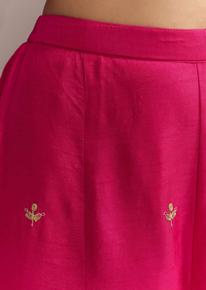 Hot Pink Silk Indo Crop Top And Palazzo Set With Zari Embroidery