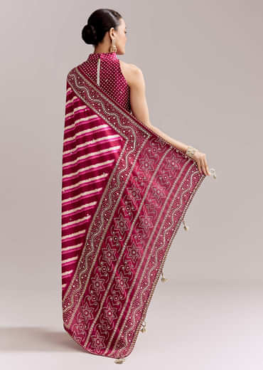 Hot Pink Silk Printed Saree With Lehariya And Bandhani Gota Border