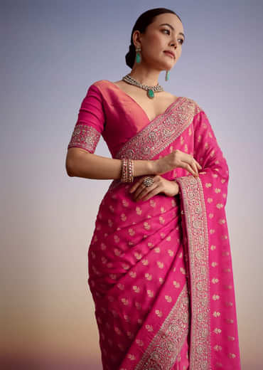 Hot Pink Silk Saree With Heavy Embroidered Border And Pallu Hot Pink Silk Saree With Heavy Embroidered Border And Pallu