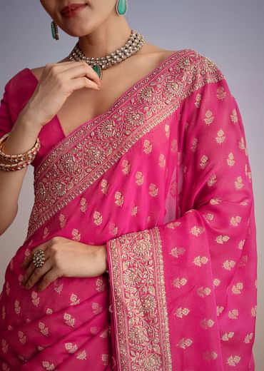 Hot Pink Silk Saree With Heavy Embroidered Border And Pallu Hot Pink Silk Saree With Heavy Embroidered Border And Pallu