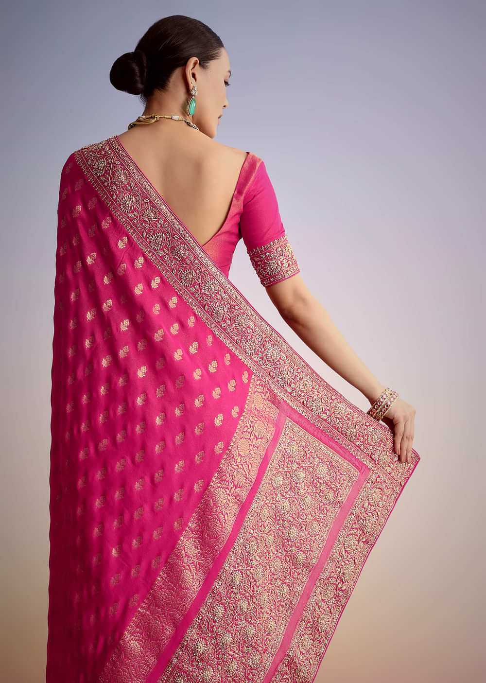 Hot Pink Silk Saree With Heavy Embroidered Border And Pallu