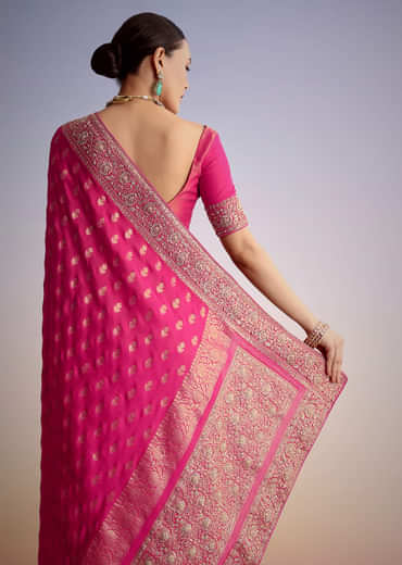Hot Pink Silk Saree With Heavy Embroidered Border And Pallu Hot Pink Silk Saree With Heavy Embroidered Border And Pallu
