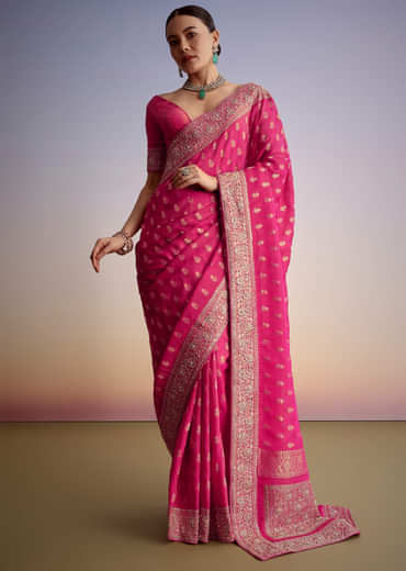 Hot Pink Silk Saree With Heavy Embroidered Border And Pallu Hot Pink Silk Saree With Heavy Embroidered Border And Pallu