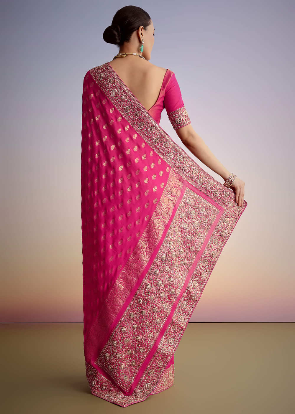 Hot Pink Silk Saree With Heavy Embroidered Border And Pallu