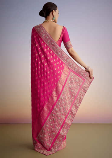 Hot Pink Silk Saree With Heavy Embroidered Border And Pallu Hot Pink Silk Saree With Heavy Embroidered Border And Pallu