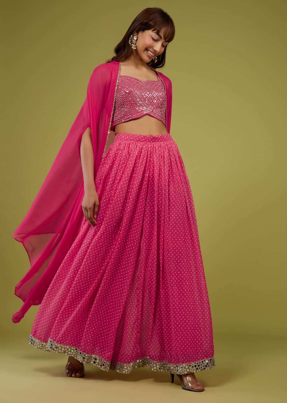 Hot Pink Bandhani Print Palazzo Set In Georgette With Mirror Work