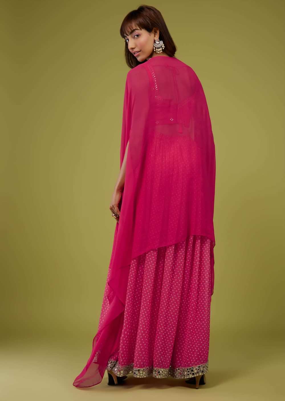 Hot Pink Bandhani Print Palazzo Set In Georgette With Mirror Work