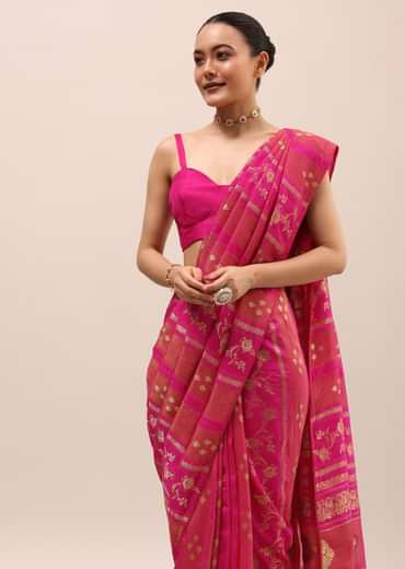 Hot Pink Brocade Silk Saree With Unstitched Blouse