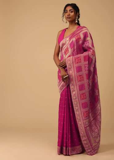 Hot Pink Dola Silk Banarasi Saree With Bandhani Waeve