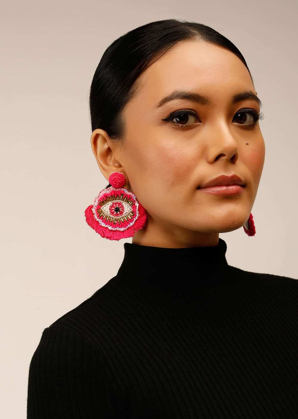Hot Pink Earrings With Beads And Iridescent Sequins Embroidered Evil Eye Motif And Thread Fringes