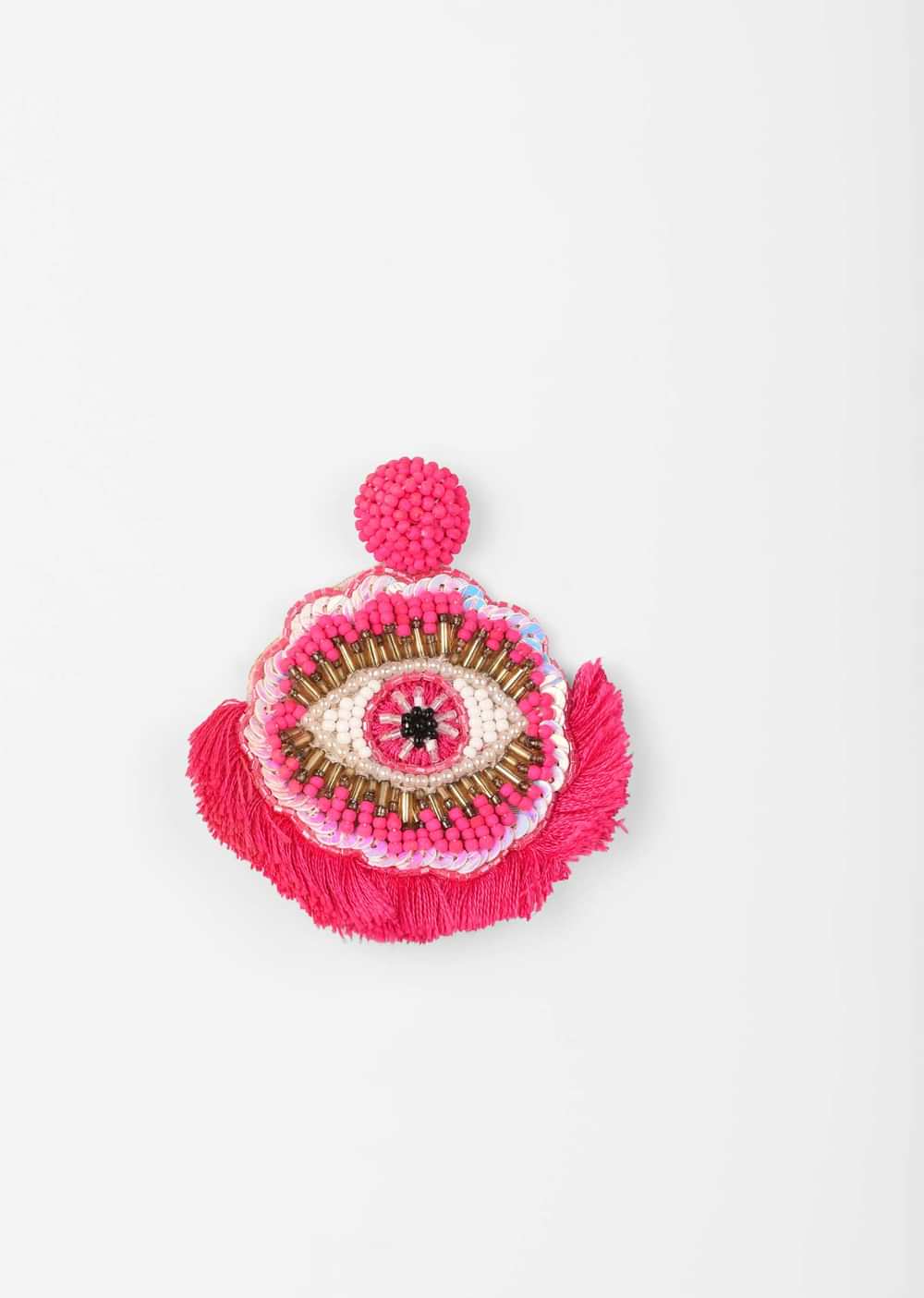 Hot Pink Earrings With Beads And Iridescent Sequins Embroidered Evil Eye Motif And Thread Fringes