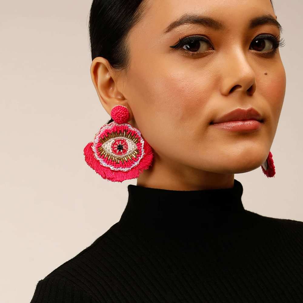 Hot Pink Earrings With Beads And Iridescent Sequins Embroidered Evil Eye Motif And Thread Fringes
