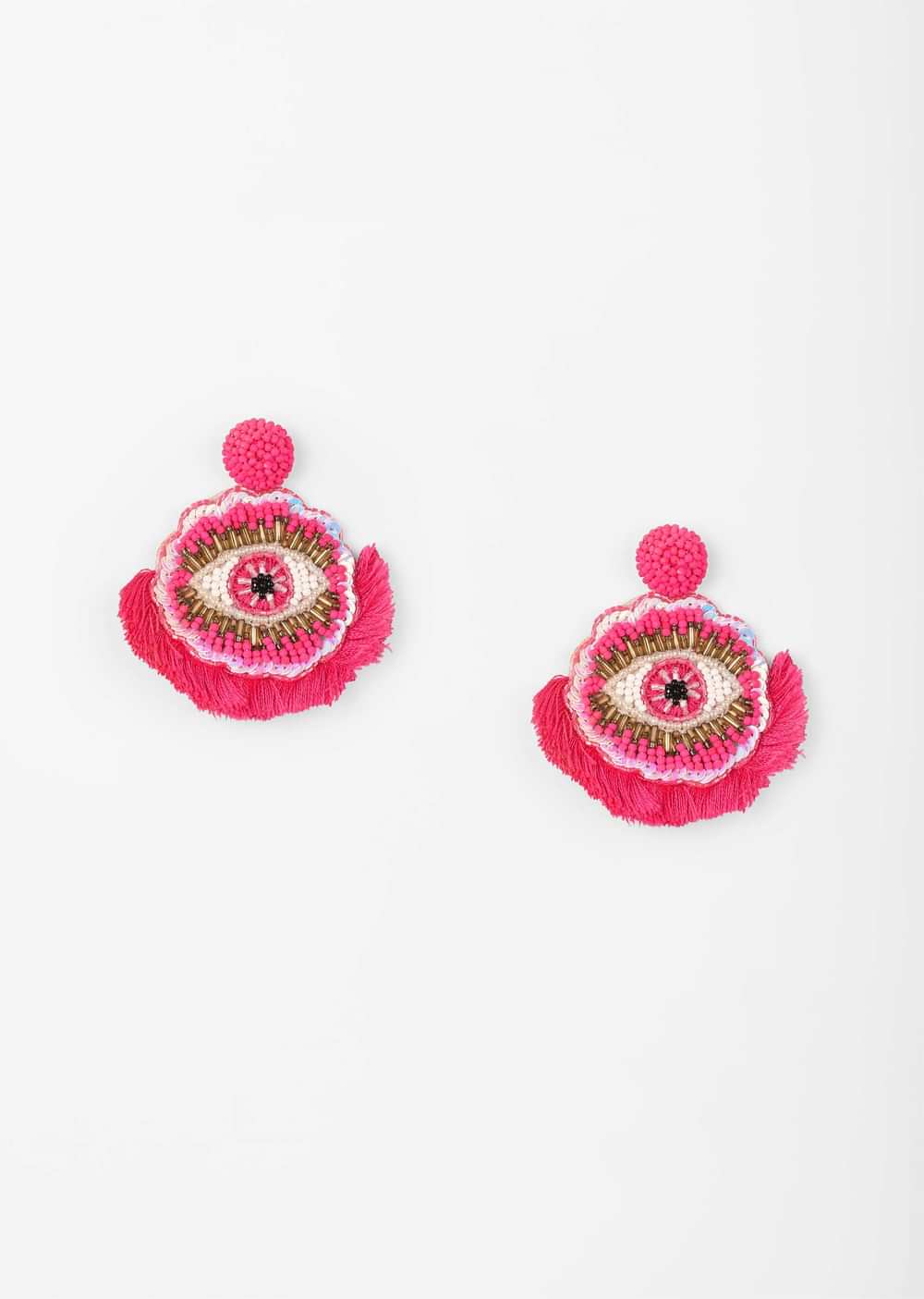 Hot Pink Earrings With Beads And Iridescent Sequins Embroidered Evil Eye Motif And Thread Fringes