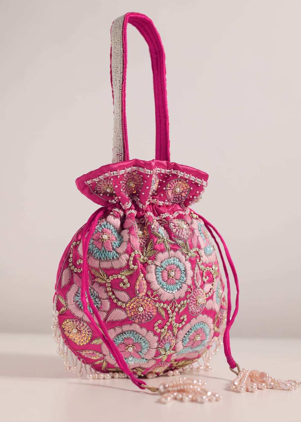 Hot Pink Festive Potli In Raw Silk With Motif Details