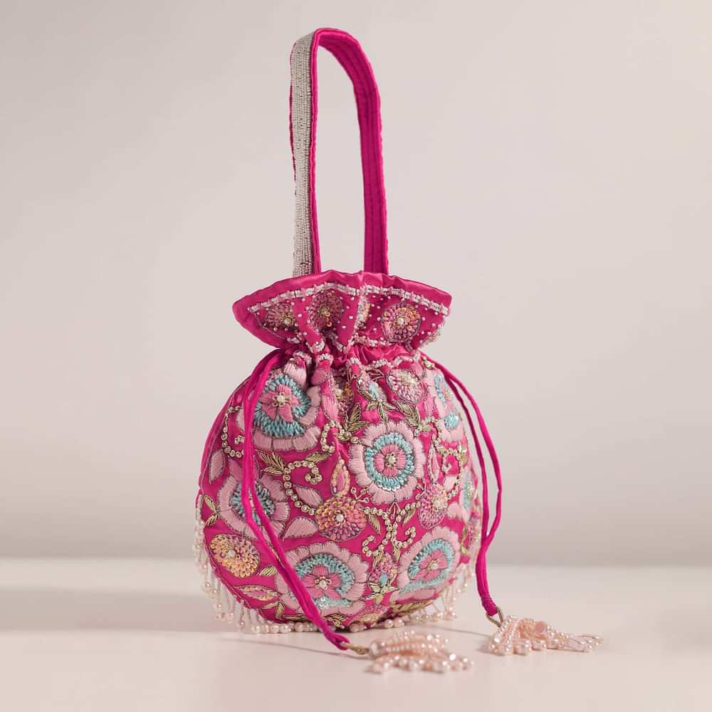 Hot Pink Festive Potli In Raw Silk With Motif Details