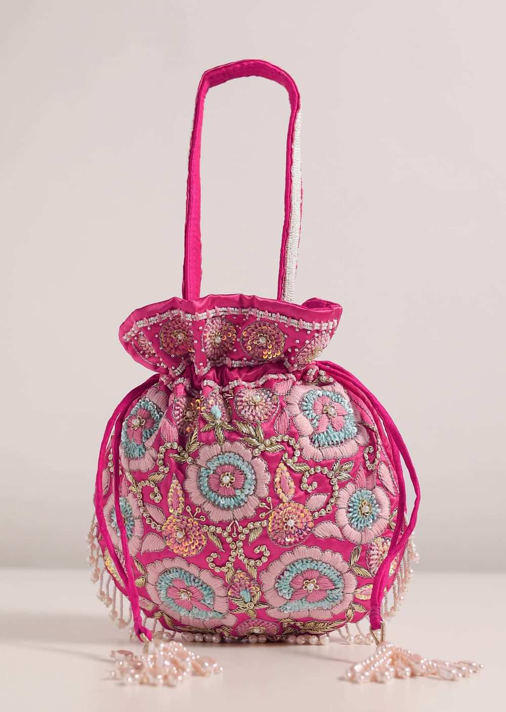 Hot Pink Festive Potli In Raw Silk With Motif Details