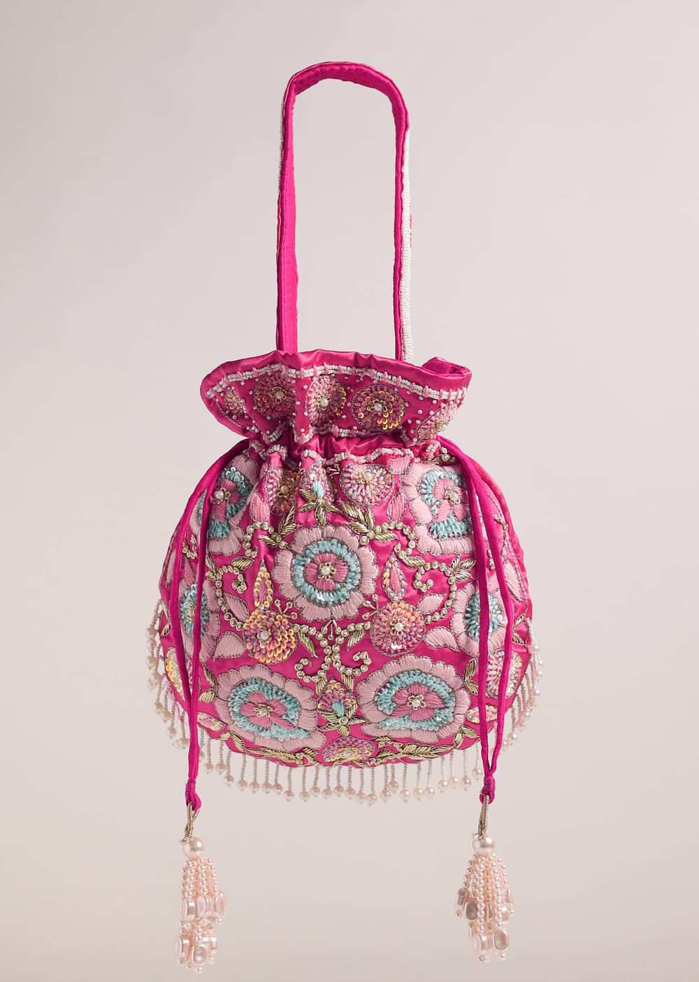 Hot Pink Festive Potli In Raw Silk With Motif Details