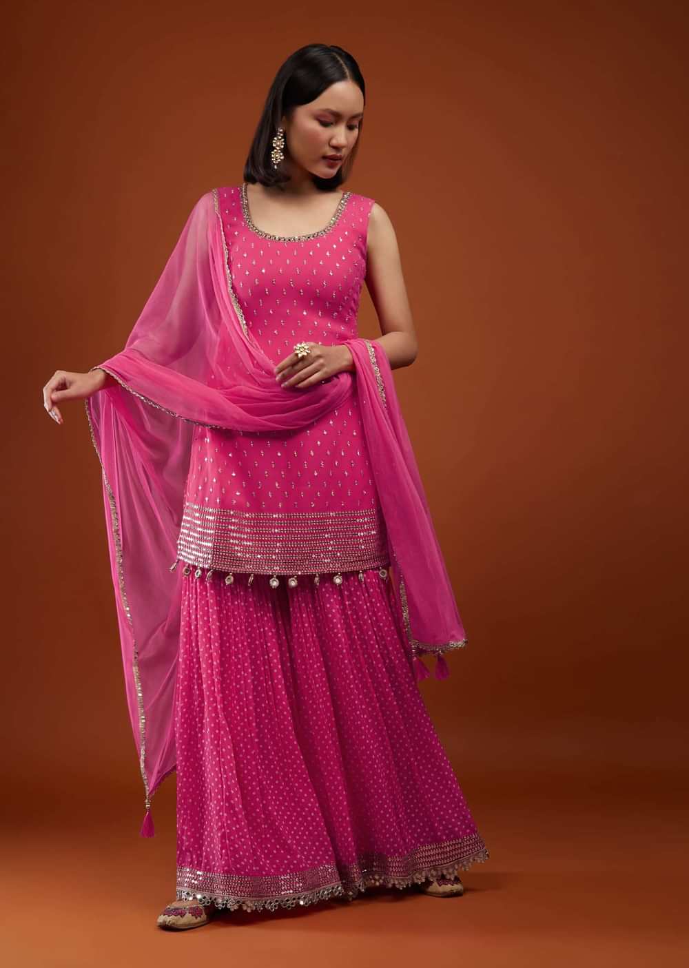 Hot Pink Georgette Sharara Suit With Bandhani Print And Embroidery